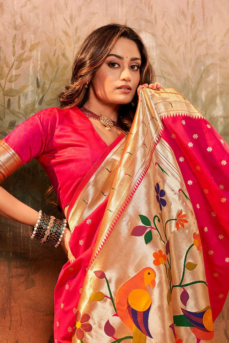 Pavitra Cherry Pink Pure Paithani Silk Zari Weaving Saree
