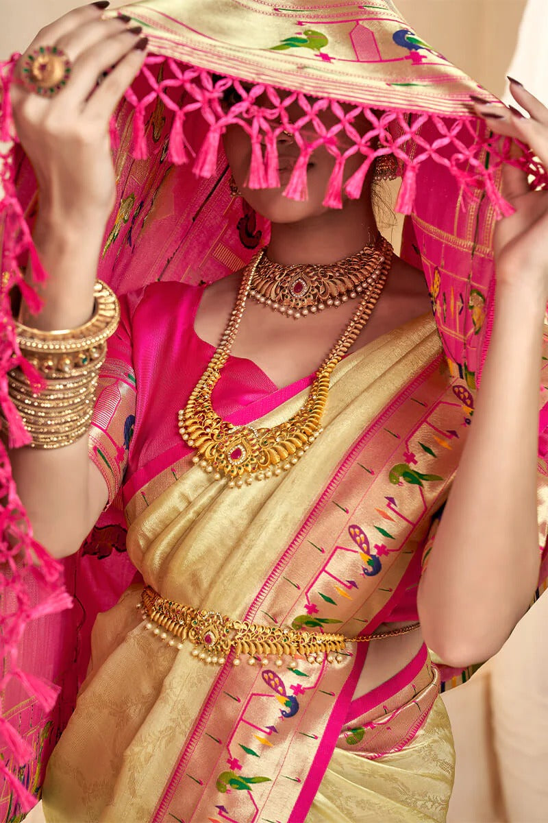 Mangalya Cream Pure Paithani Tissue Silk Weaving Saree