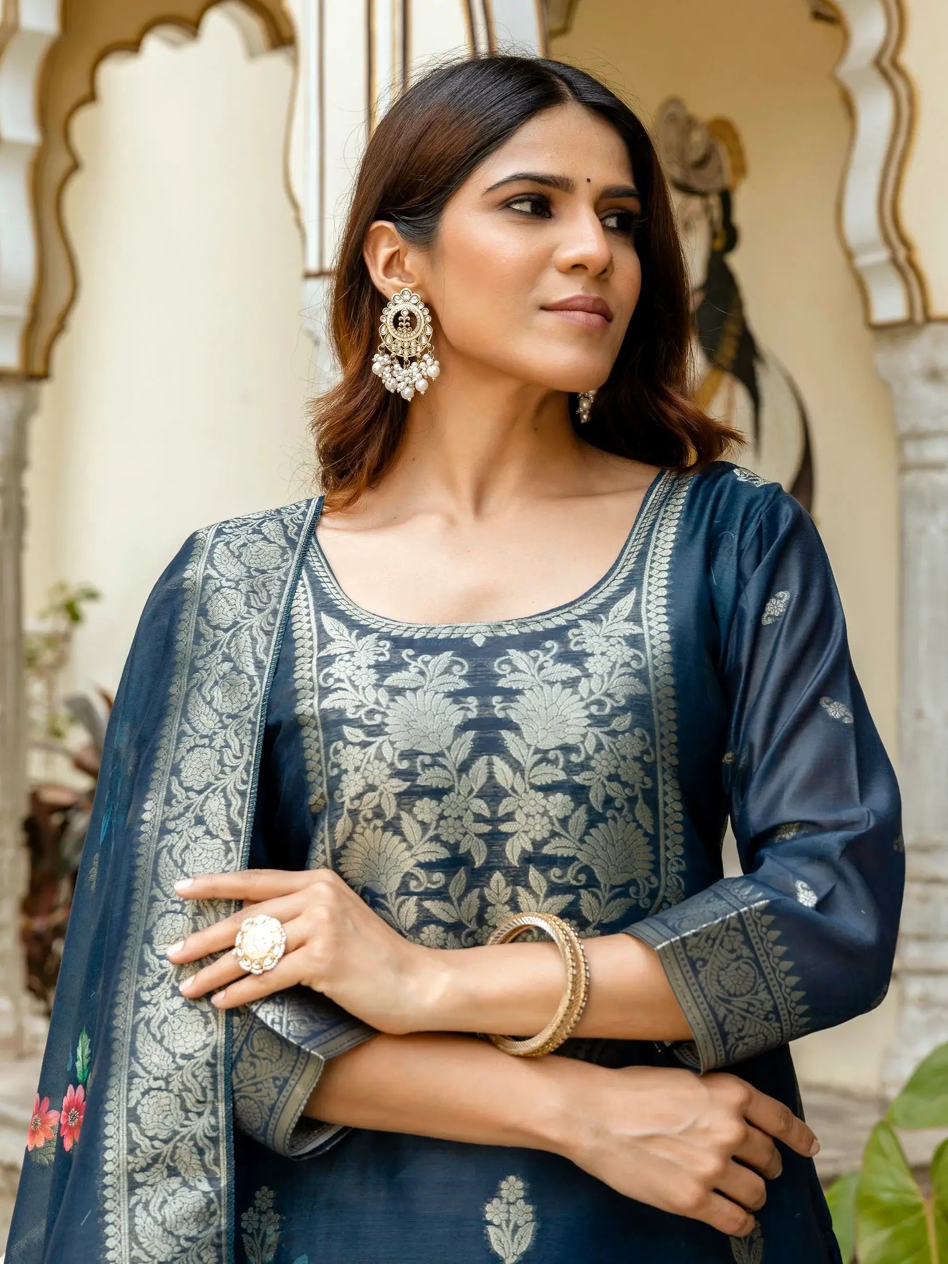 Glamorou Navy Blue Viscose Chanderi Silk Zari Weaving Suit Set