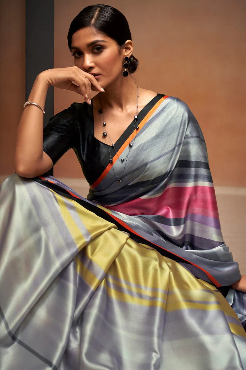 Bollywood Grey Soft Satin Silk Printed Saree