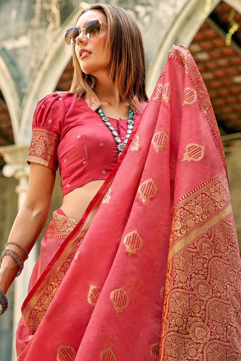 Zil Sunset Pink Banarasi Soft Tissue Silk Weaving Saree