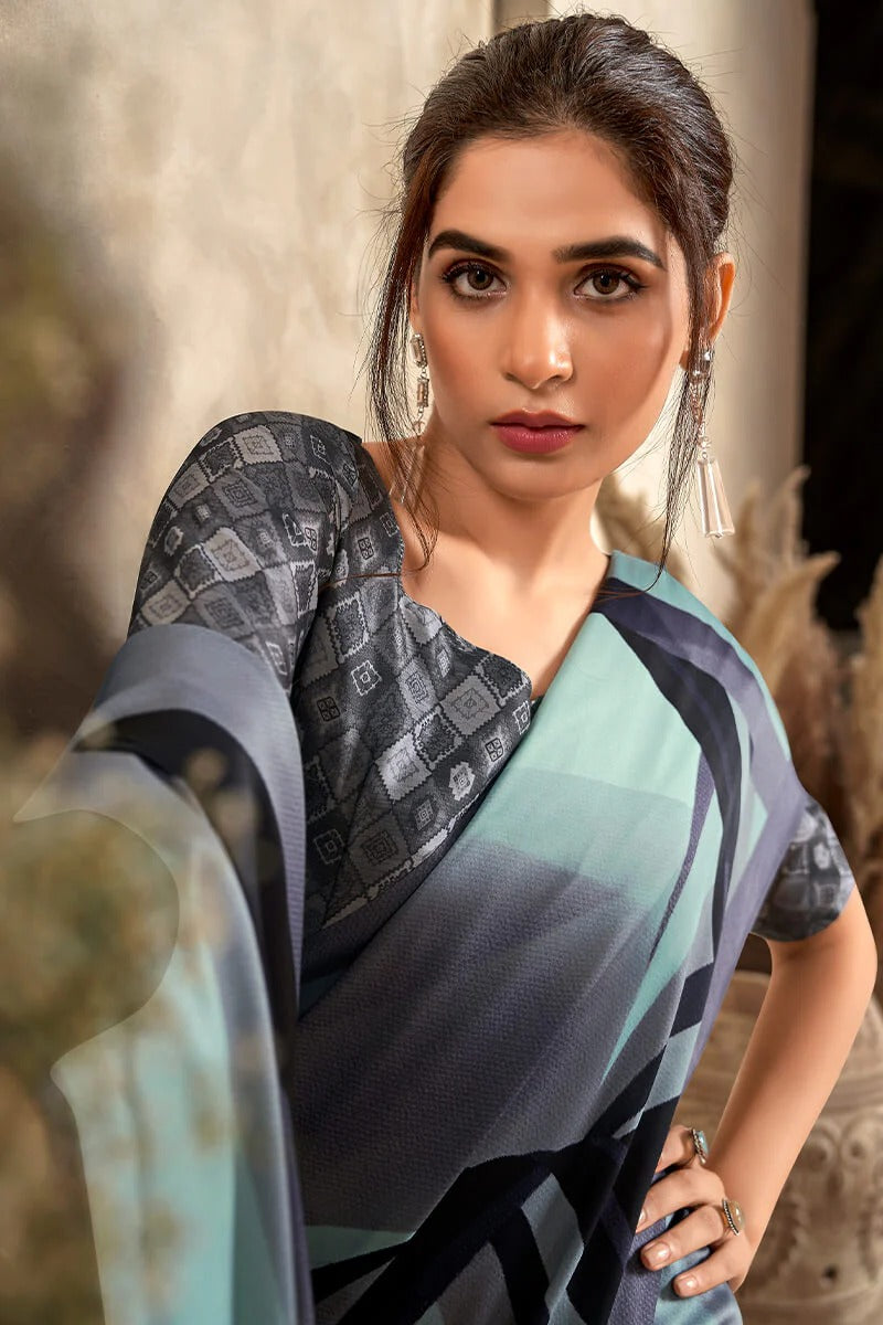 Jasmin Capri Blue Soft Satin Silk Printed Saree