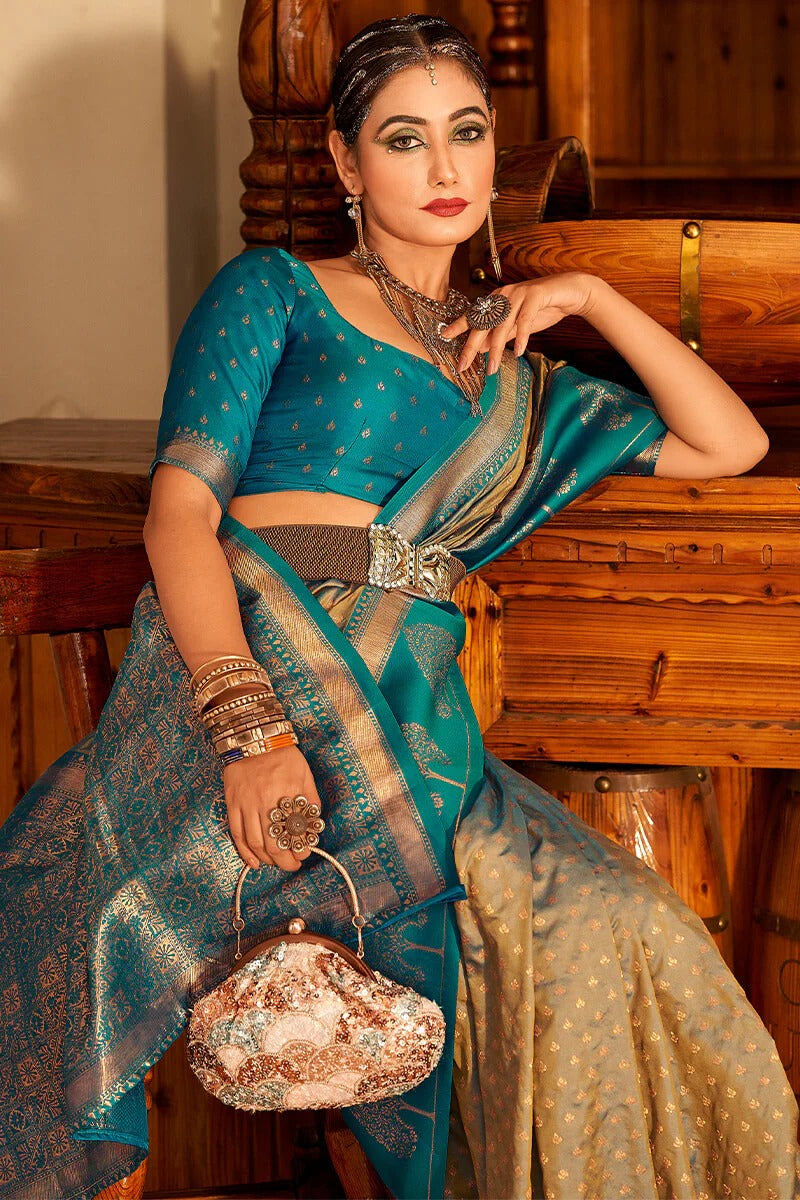 Vrishbha Blueish Beige Soft Banarasi Silk Zari Weaving Saree