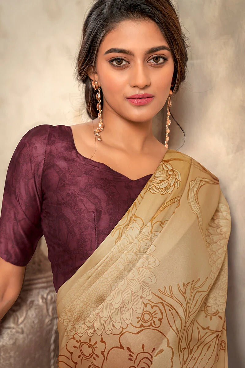 Winter Dearest Clay Soft Satin Silk Printed Saree