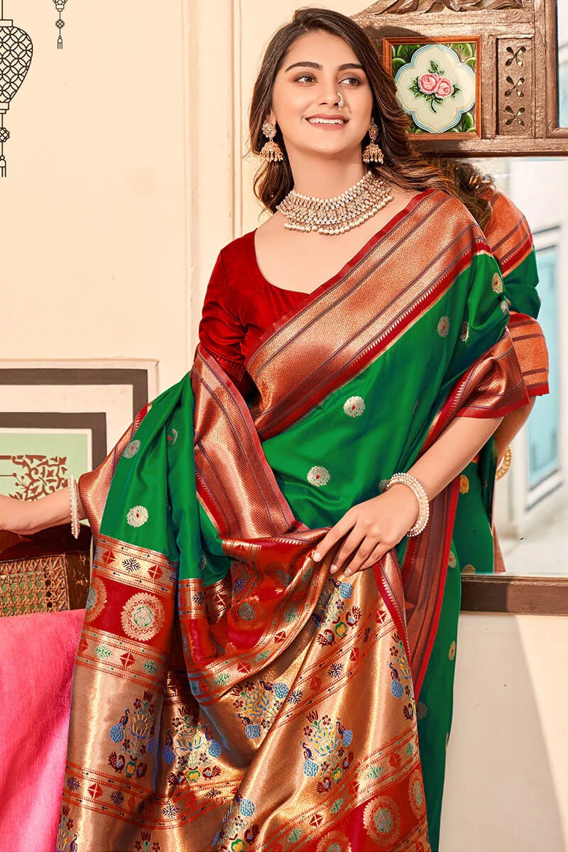 Apporva Dark Green Pure Soft Paithani Silk Weaving Saree
