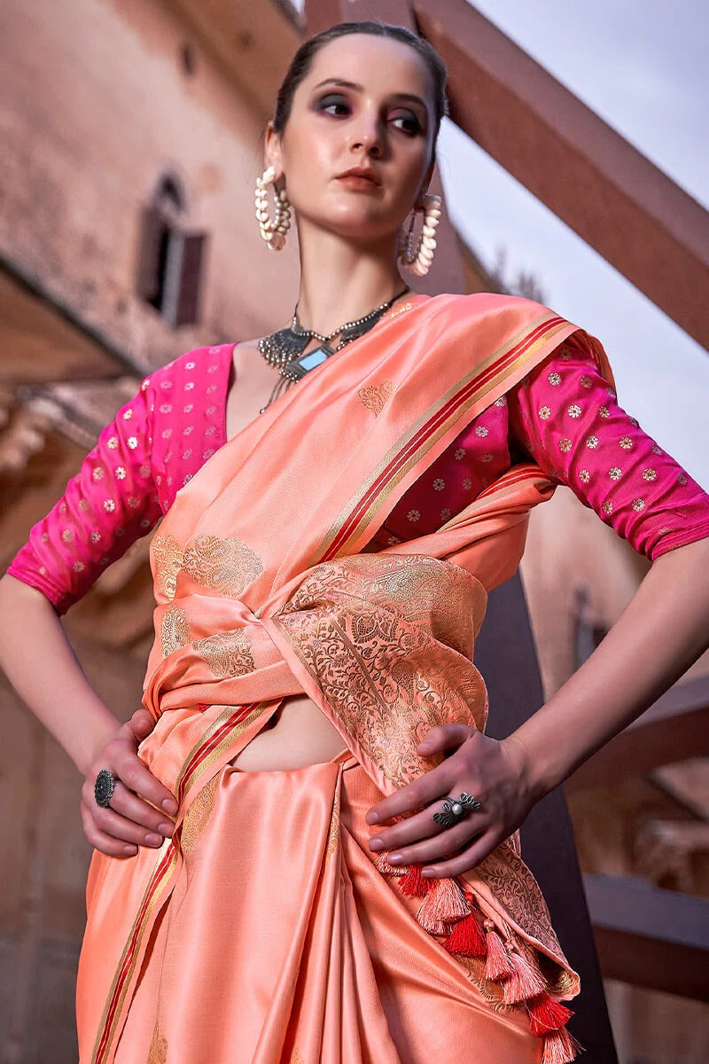 Neha Terra Peach Banarasi Satin Silk Weaving Saree