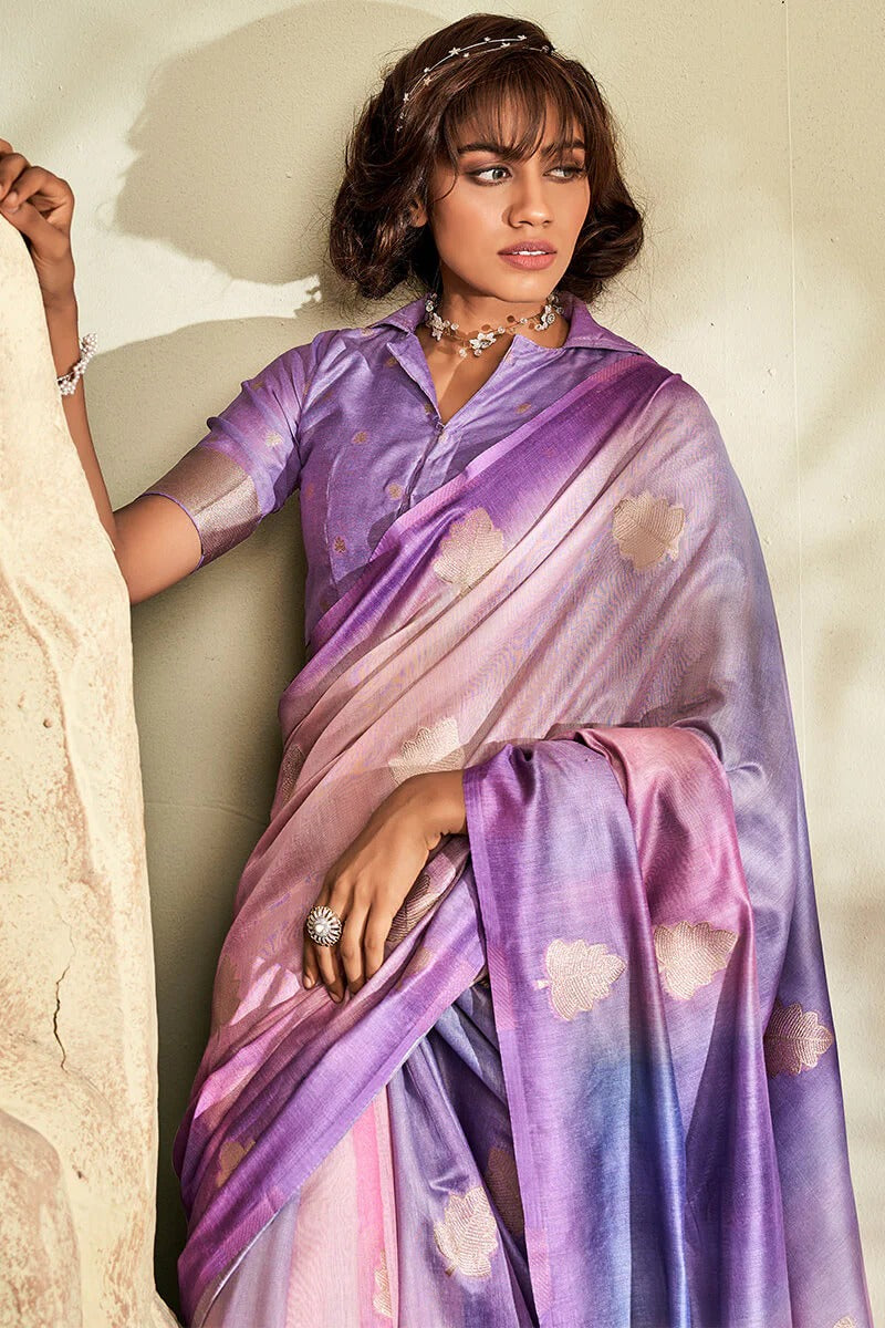 Asopalava Lavender Pure Handloom Khadi silk Printed Saree