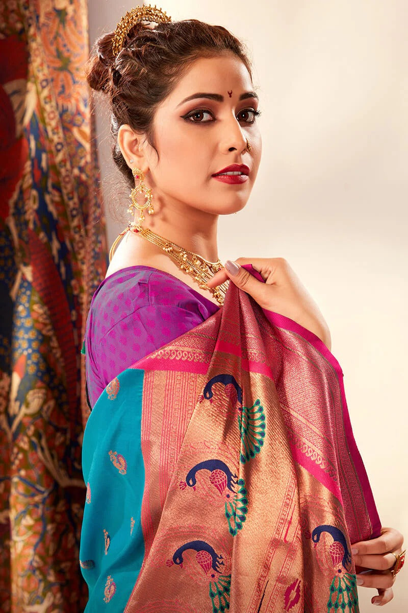 Apporva Costal Blue Pure Soft Paithani Silk Weaving  Saree