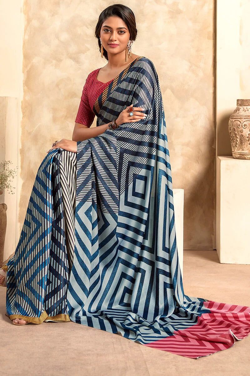 Winter Powder Blue Soft Satin Silk Printed Saree