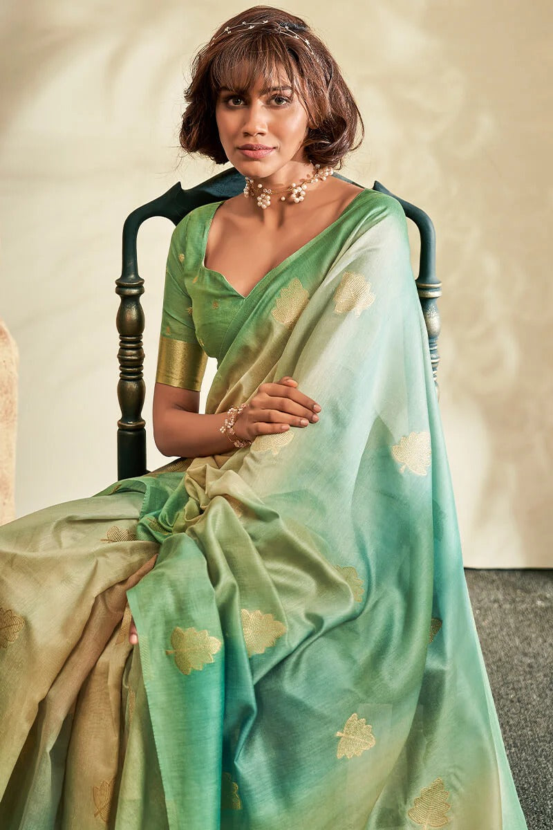 Asopalava Moss Green Pure Handloom Khadi silk Printed Saree