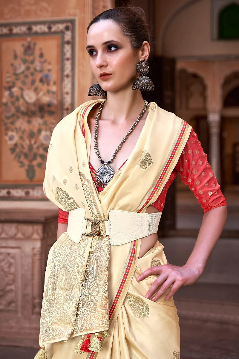 Neha Cream Banarasi Satin Silk Weaving Saree
