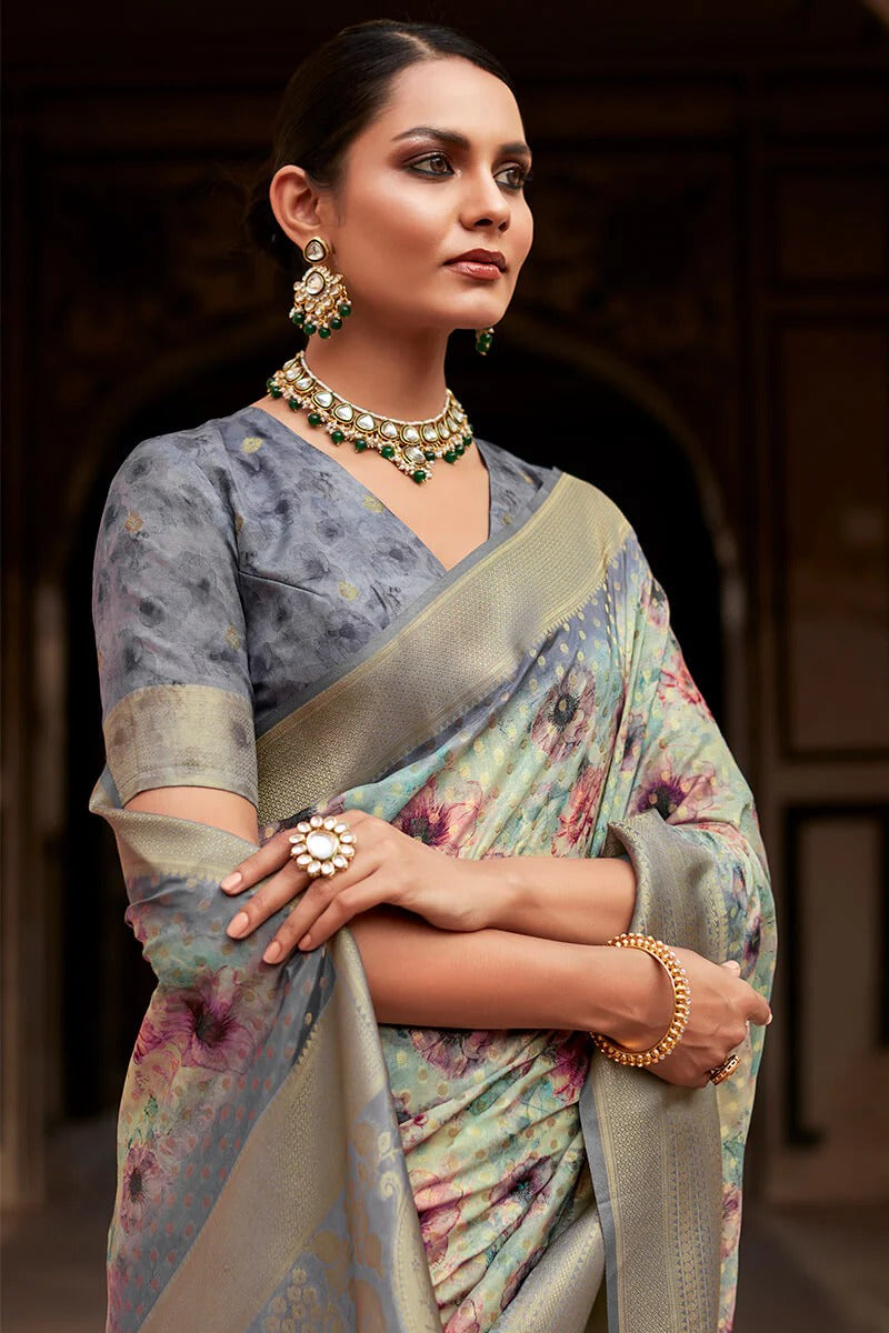 Kavisha Smoky Grey Nylon Crape Printed Silk Weaving Saree