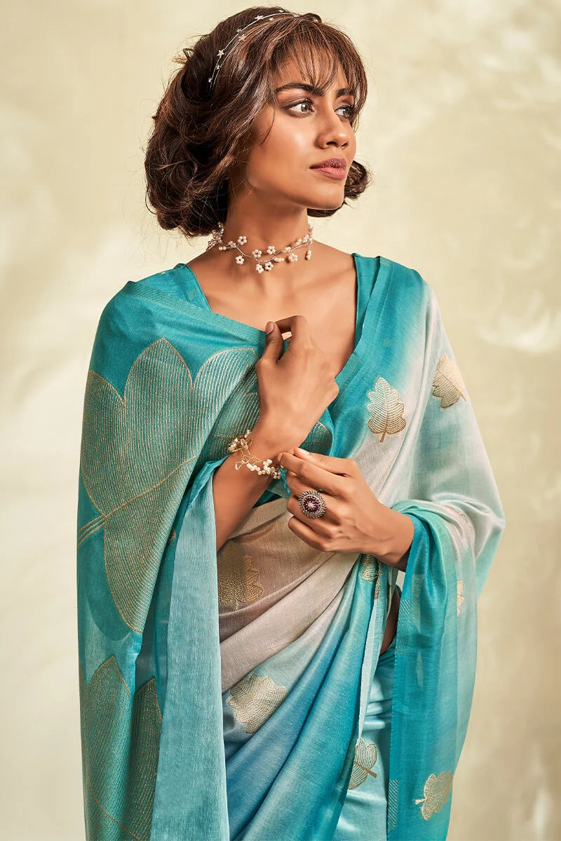 Asopalava Powder Blue Pure Handloom Khadi silk Printed Saree
