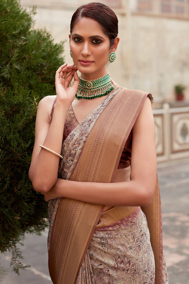 Kavisha Beige Nylon Crape Printed Silk Weaving Saree