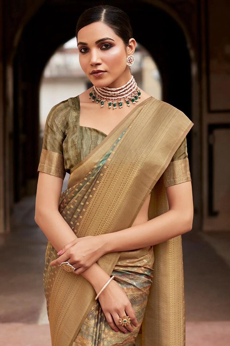 Kavisha Brown Nylon Crape Printed Silk Weaving Saree