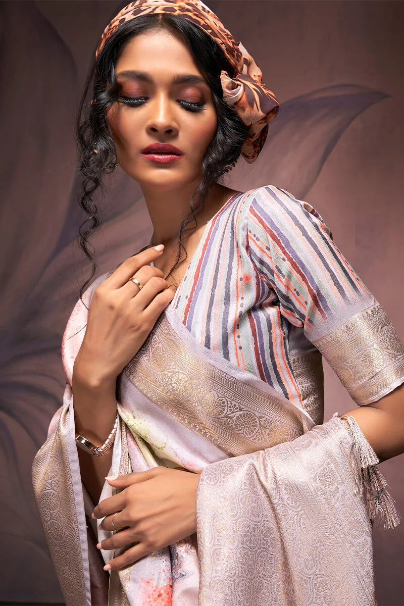 Rangrezza Grey Soft Silk Printed Saree