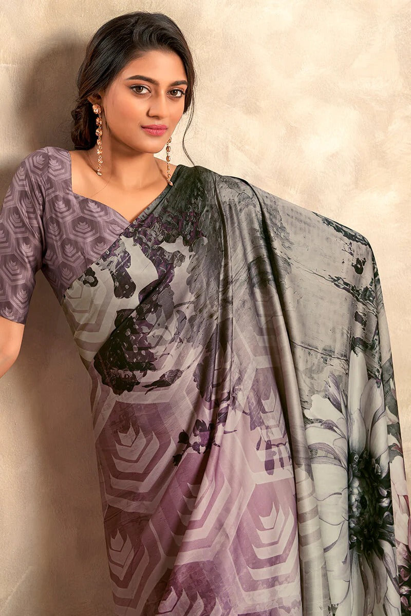 Winter Blackies Lavender Soft Satin Silk Printed Saree