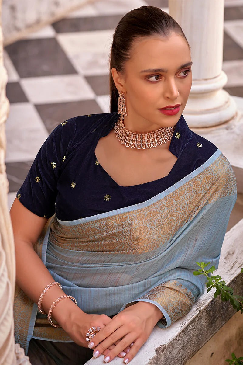 Rupa Dusty Blue Tissue Linen Silk Woven Saree