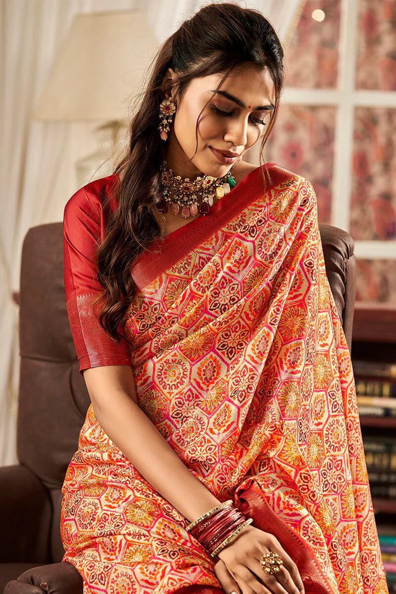 Sunhari Orange Pure Satin Silk Printed Saree