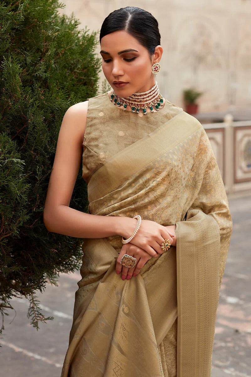 Kavisha Honey Beige Nylon Crape Printed Silk Weaving Saree