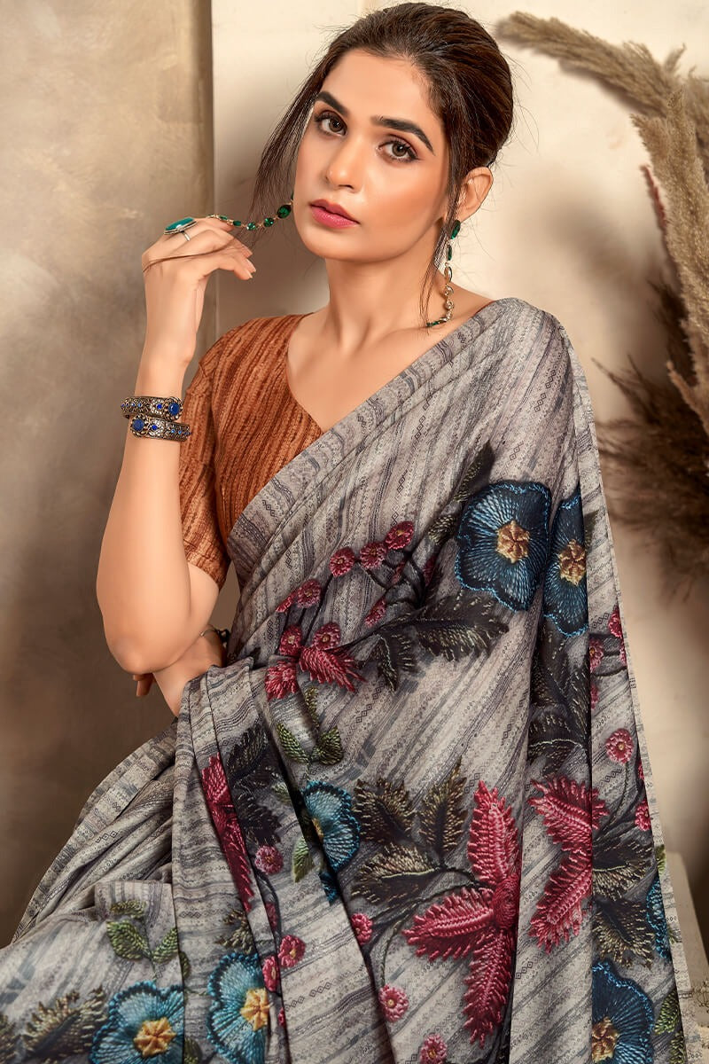 Jasmin Frost Grey Soft Satin Silk Printed Saree