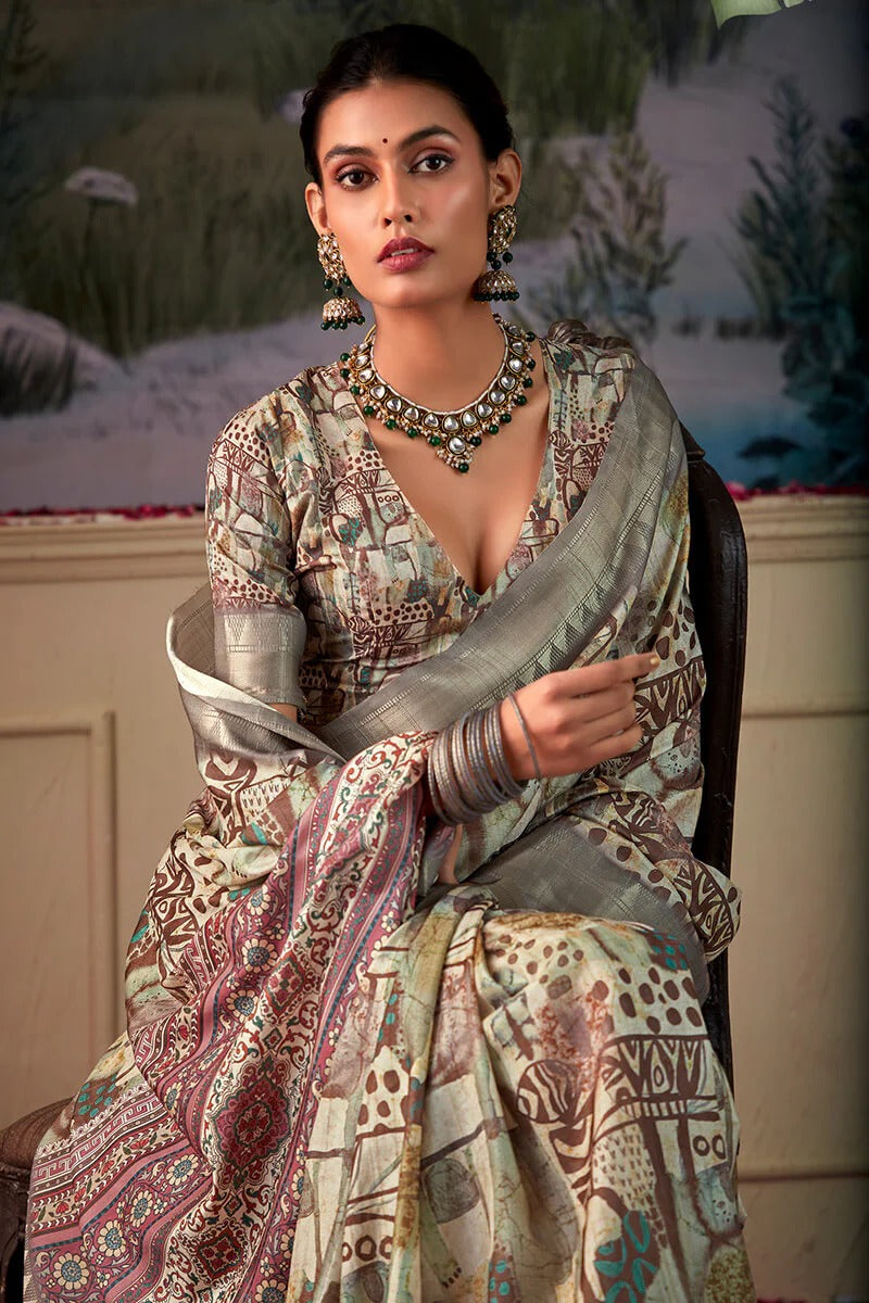 Shimoni Mist Grey Tussar Silk Printed Saree