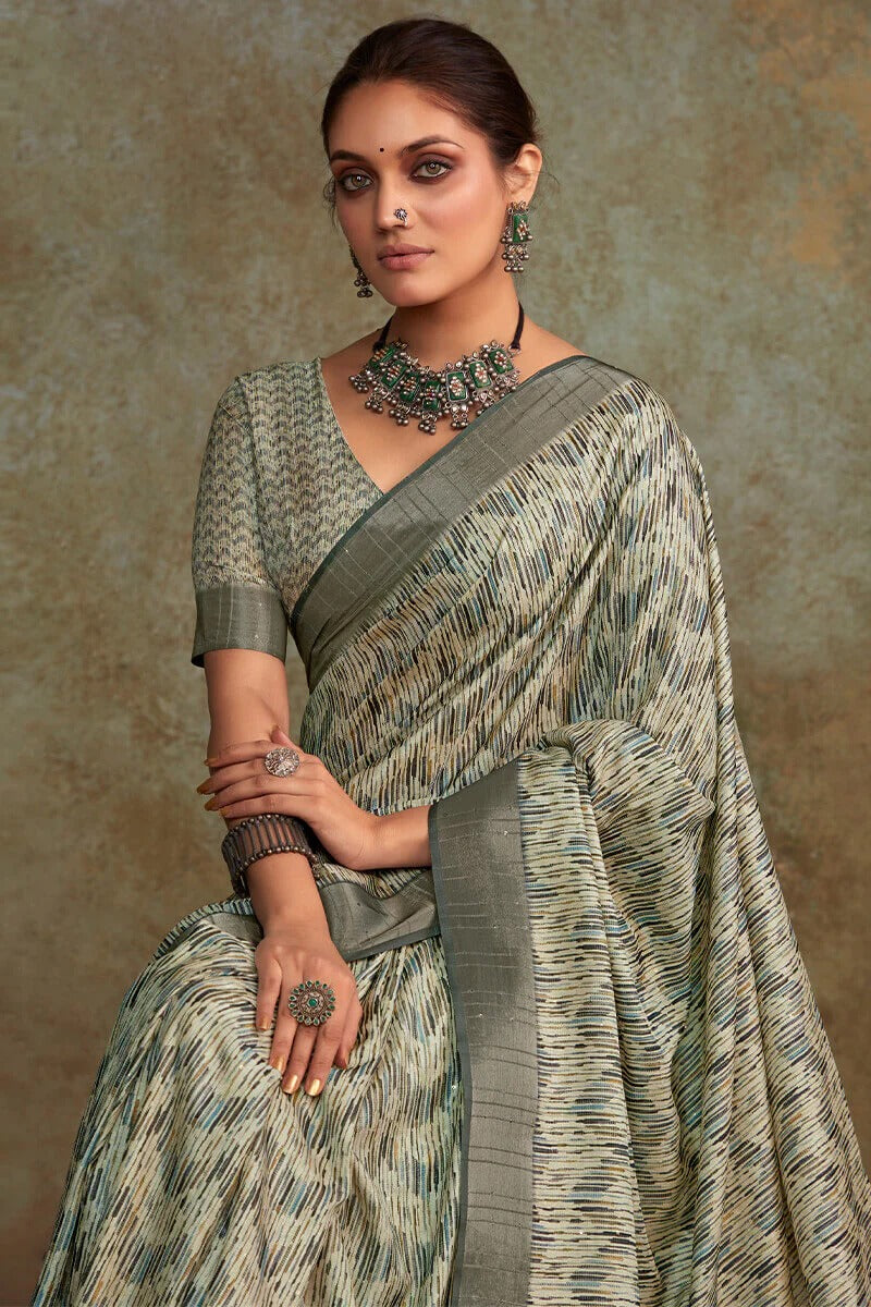 Ritika Marled Grey Soft Silk Printed with Sequence Weaving Saree