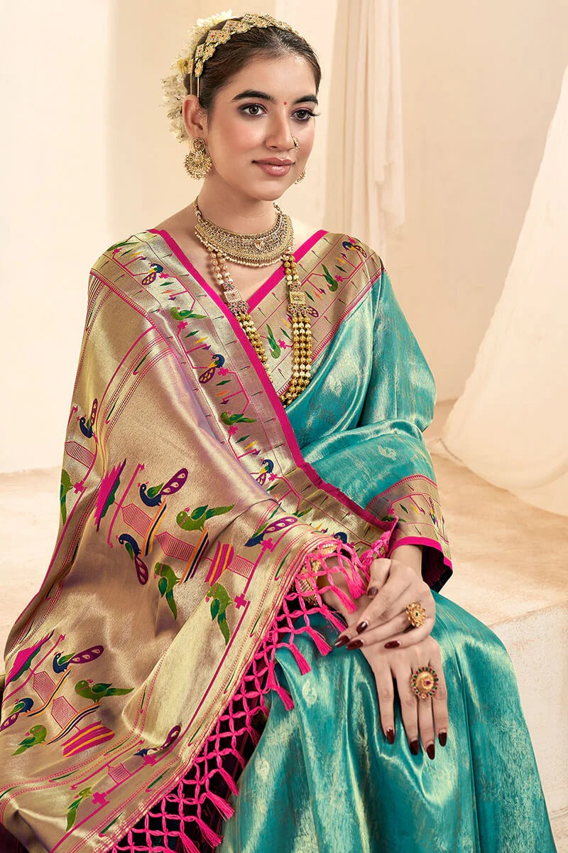 Mangalya Sky Teal Pure Paithani Tissue Silk Weaving Saree