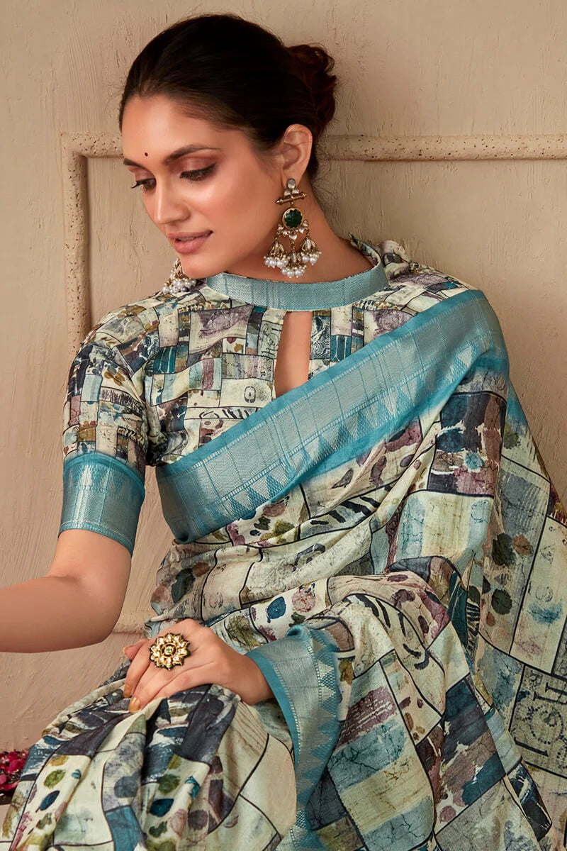 Shimoni Ocean Blue Tussar Silk Printed Saree