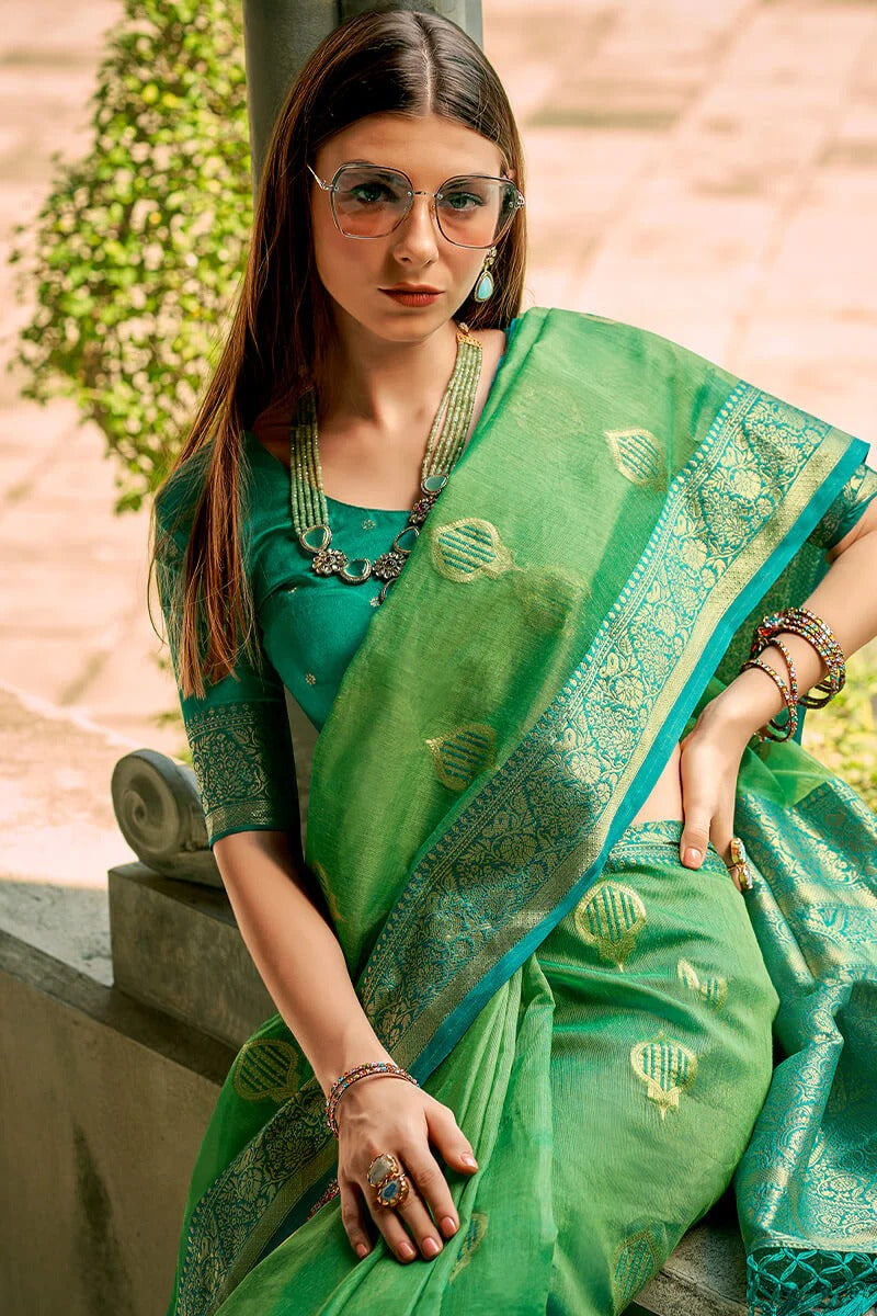 Zil spirit Green Banarasi Soft Tissue Silk Weaving Saree
