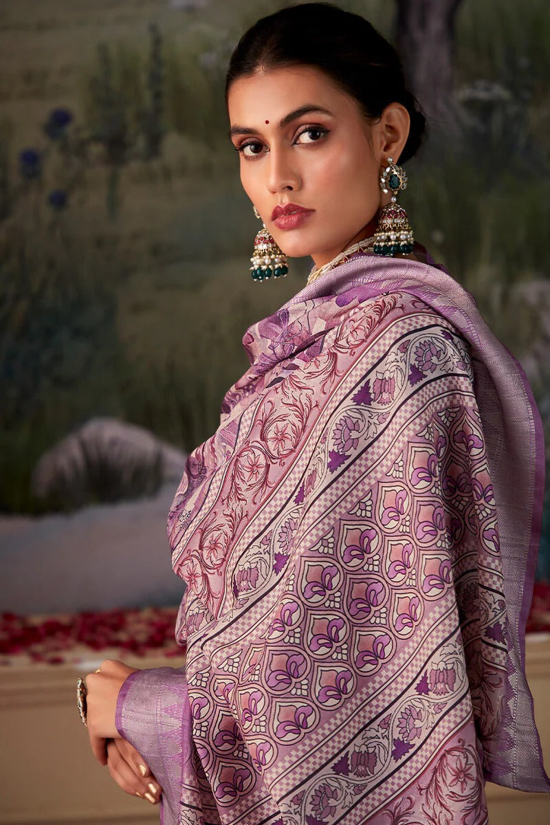 Shimoni Blushed lavender Tussar Silk Printed Saree
