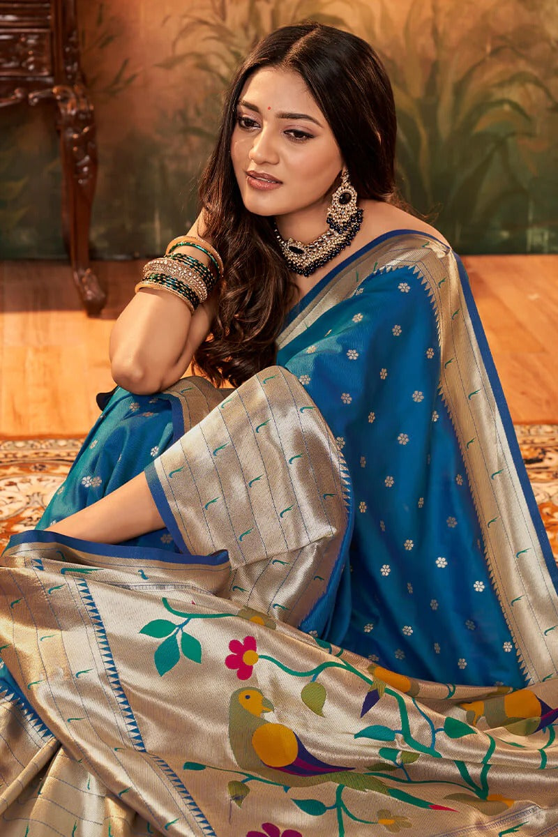 Pavitra Cobalt Blue Pure Paithani Silk Zari Weaving Saree