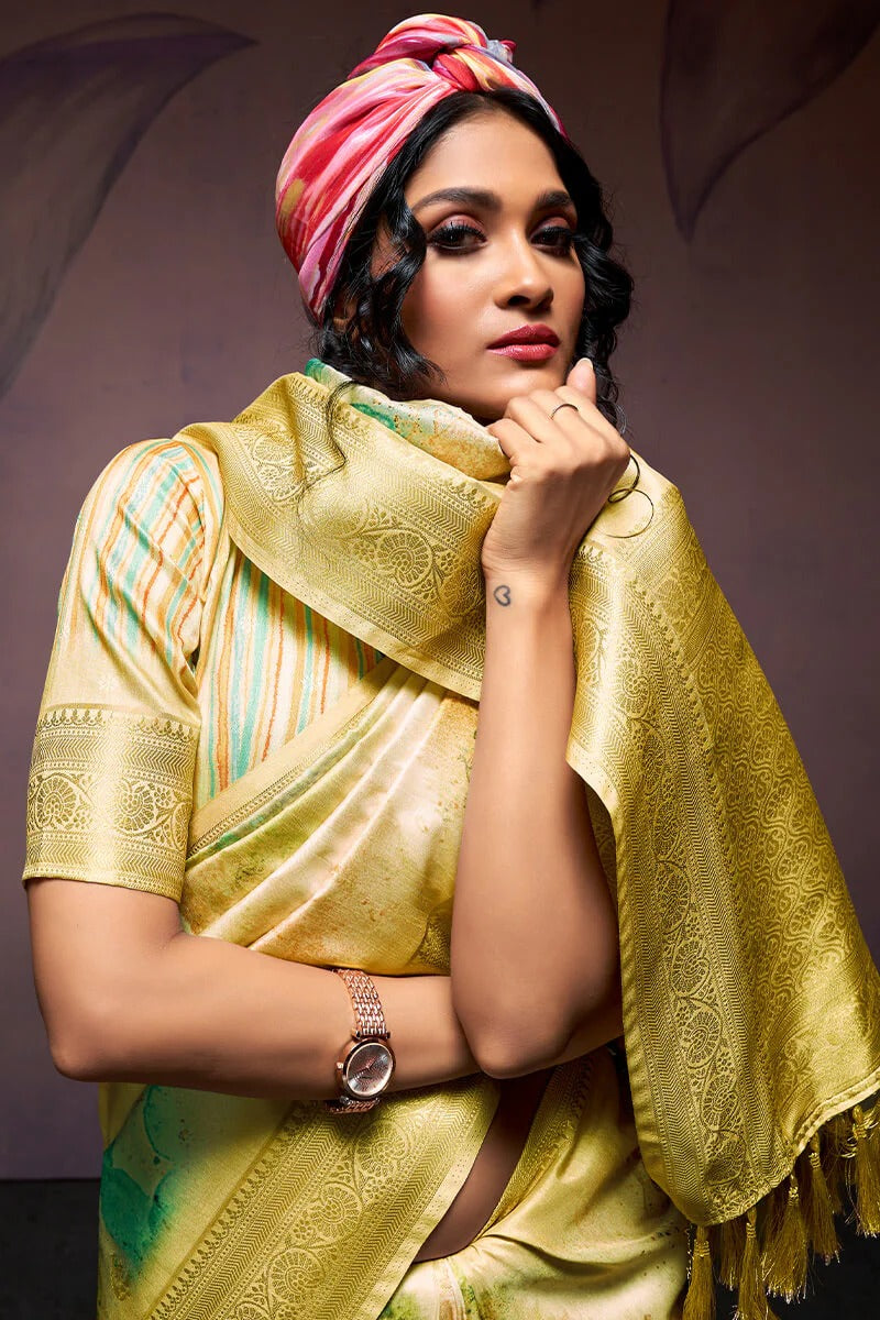 Rangrezza Yellow Soft Silk Printed Saree