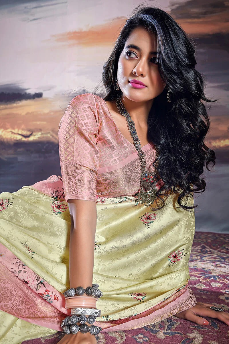 Pratishtha Sunwashed Beige Pure Satin Silk Self Weaving Printed Saree