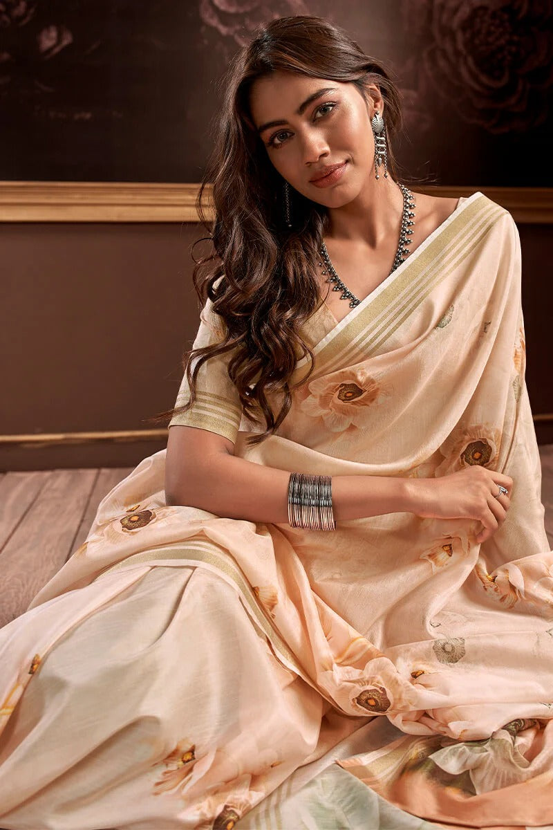 Gangotri Petal Peach Soft Handloom Silk Floral Printed Saree