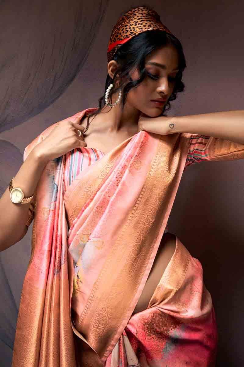 Rangrezza Peach Soft Silk Printed Saree