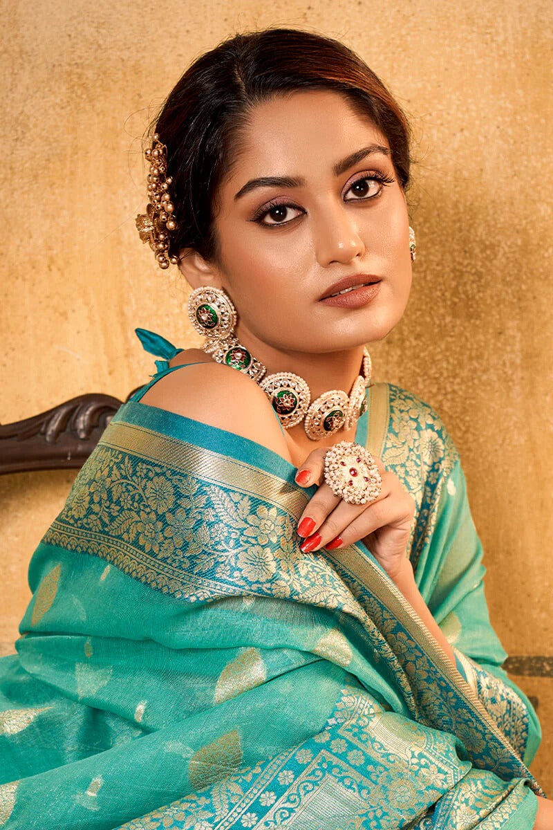 Petals mint Blue Banarasi Tissue Silk Weaving Saree