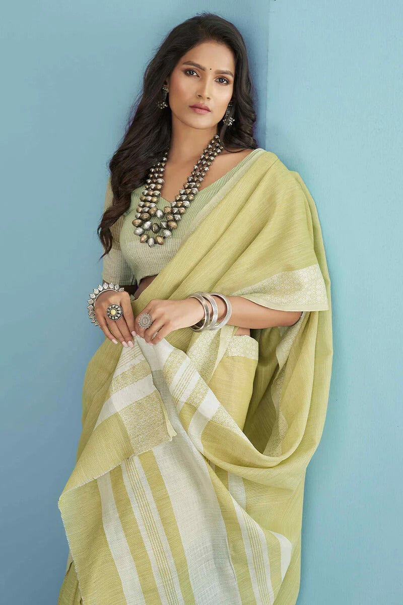 Aarzoo Acid Yellow Chikankari Linen Silk Weaved Saree