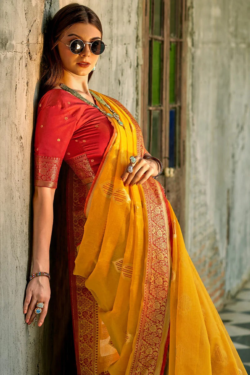 Zil Sunburnt Yellow Banarasi Soft Tissue Silk Weaving Saree