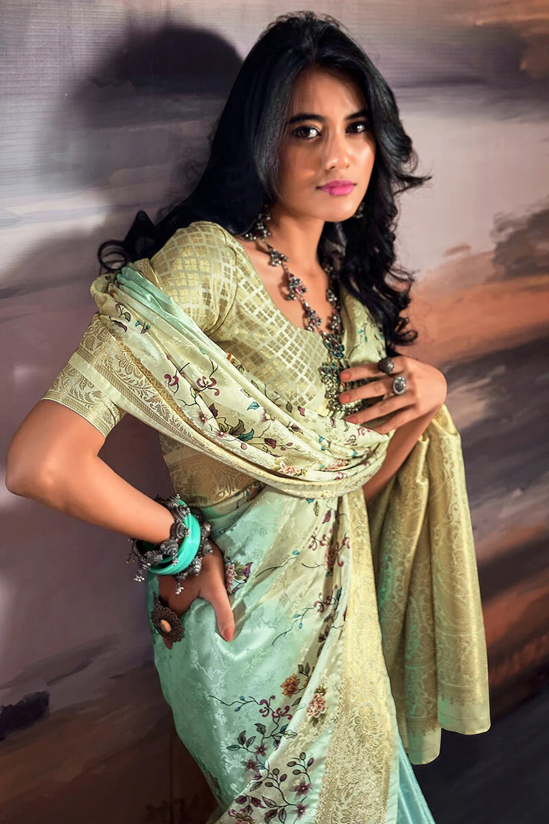 Pratishtha Pestle Green Pure Satin Silk Self Weaving Printed Saree