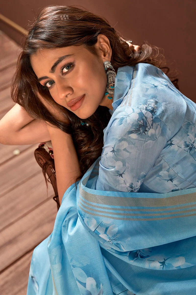 Gangotri Ether Blue Soft Handloom Silk Floral Printed Saree