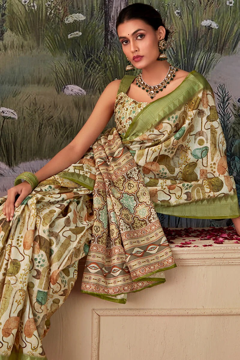 Shimoni Pestel Olive Tussar Silk Printed Saree