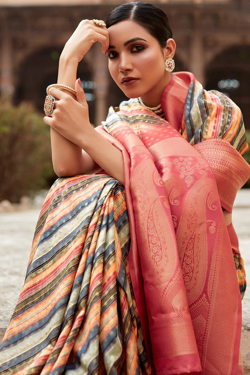 Kavisha Multicolor Nylon Crape Printed Silk Weaving Saree