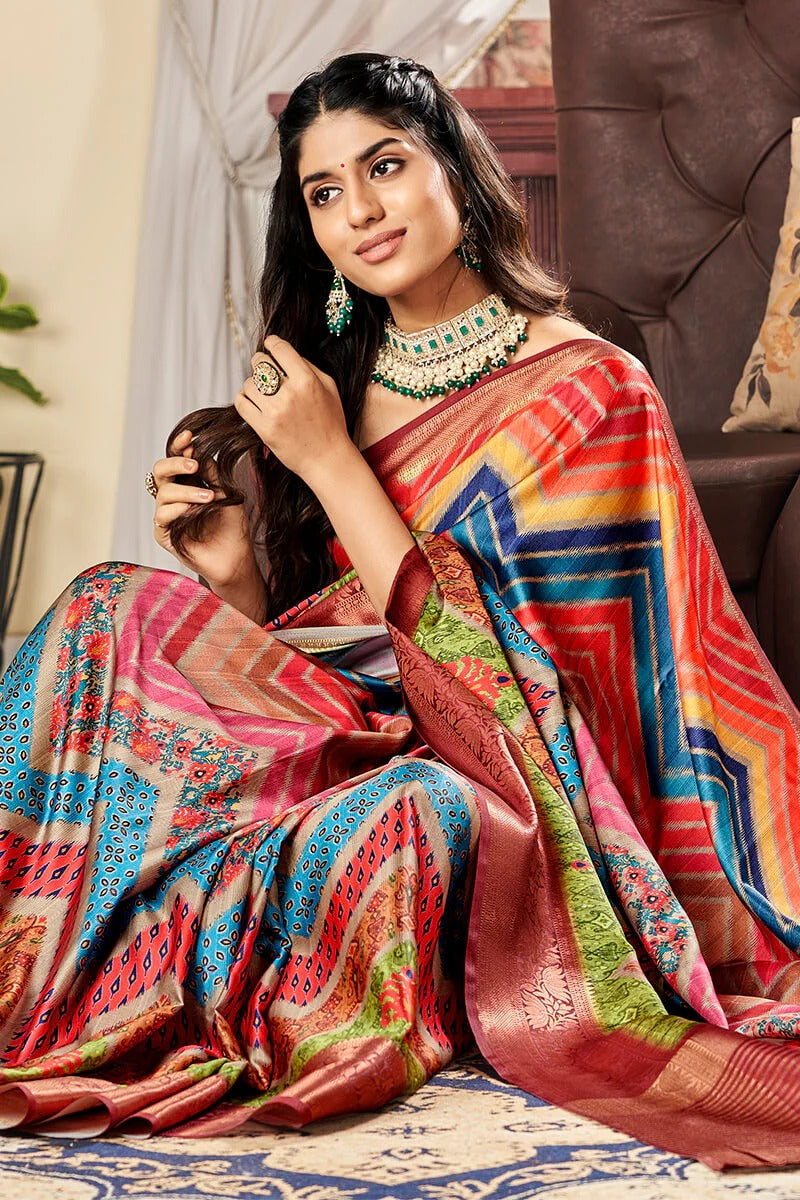 Sunhari Multicolor Pure Satin Silk Printed Saree