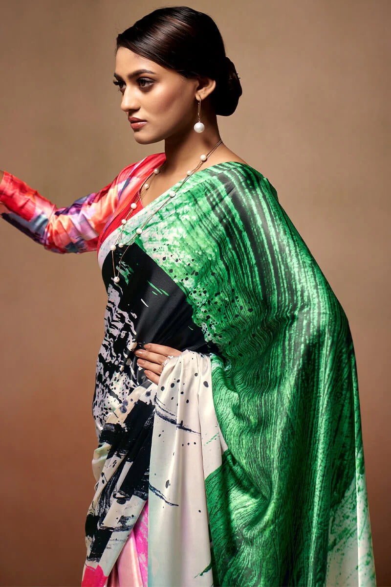 Bollywood Multicolor Soft Satin Silk Printed Saree