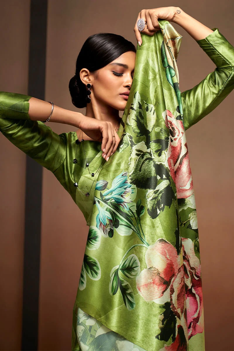 Bollywood Green Soft Satin Silk Printed Saree