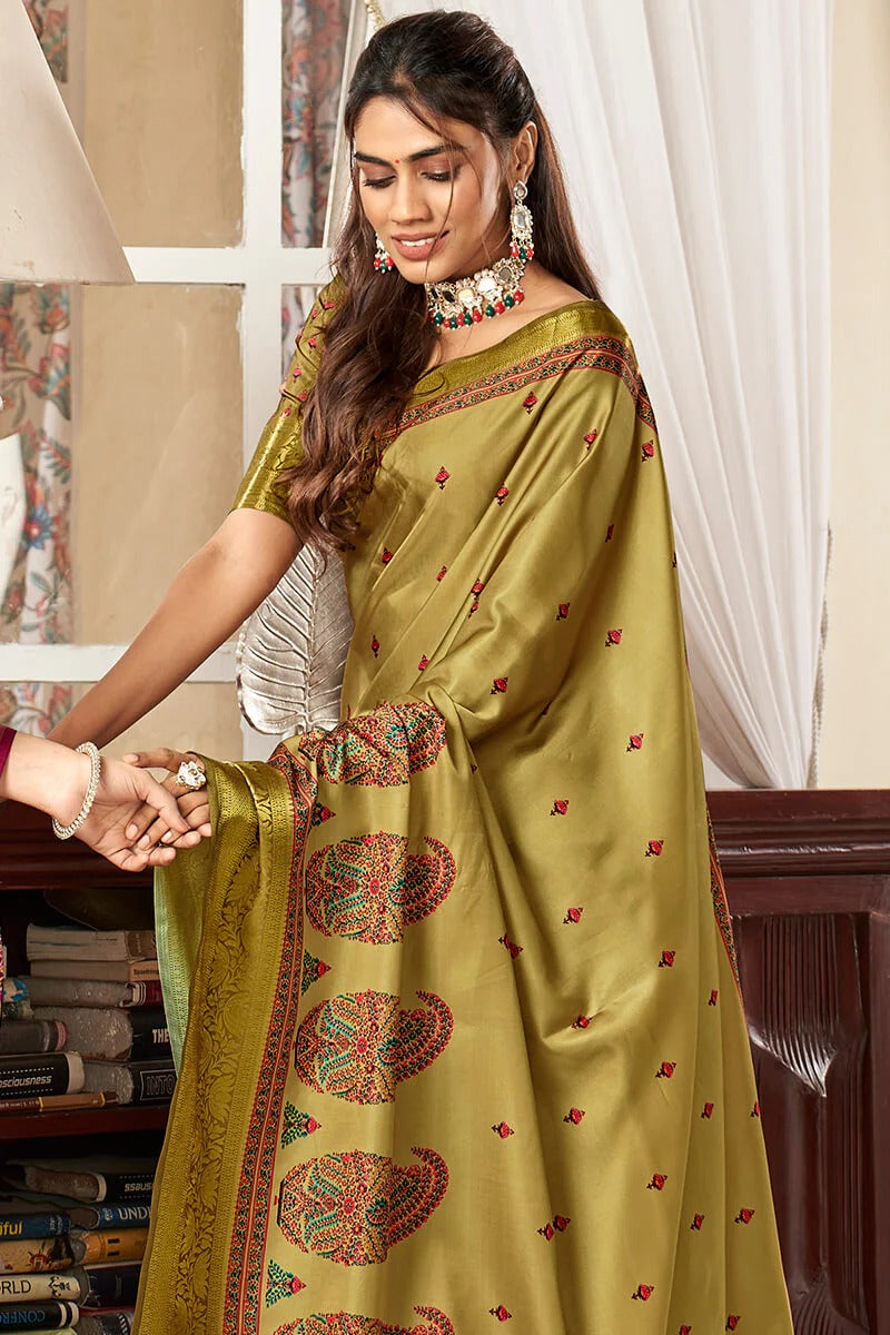 Sunhari Moss Green Pure Satin Silk Printed Saree