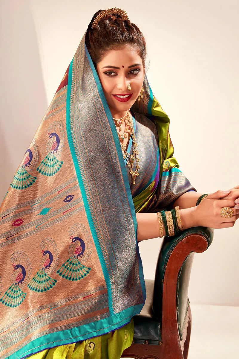 Apporva Olive Mustad Pure Soft Paithani Silk Weaving  Saree