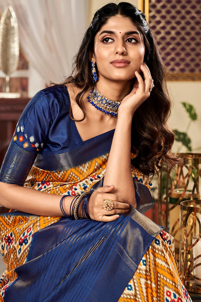 Sunhari Umber Gold Pure Satin Silk Printed Saree