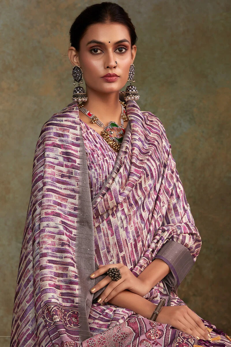 Ritika Dusty Lavender Soft Silk Printed with Sequence Weaving Saree